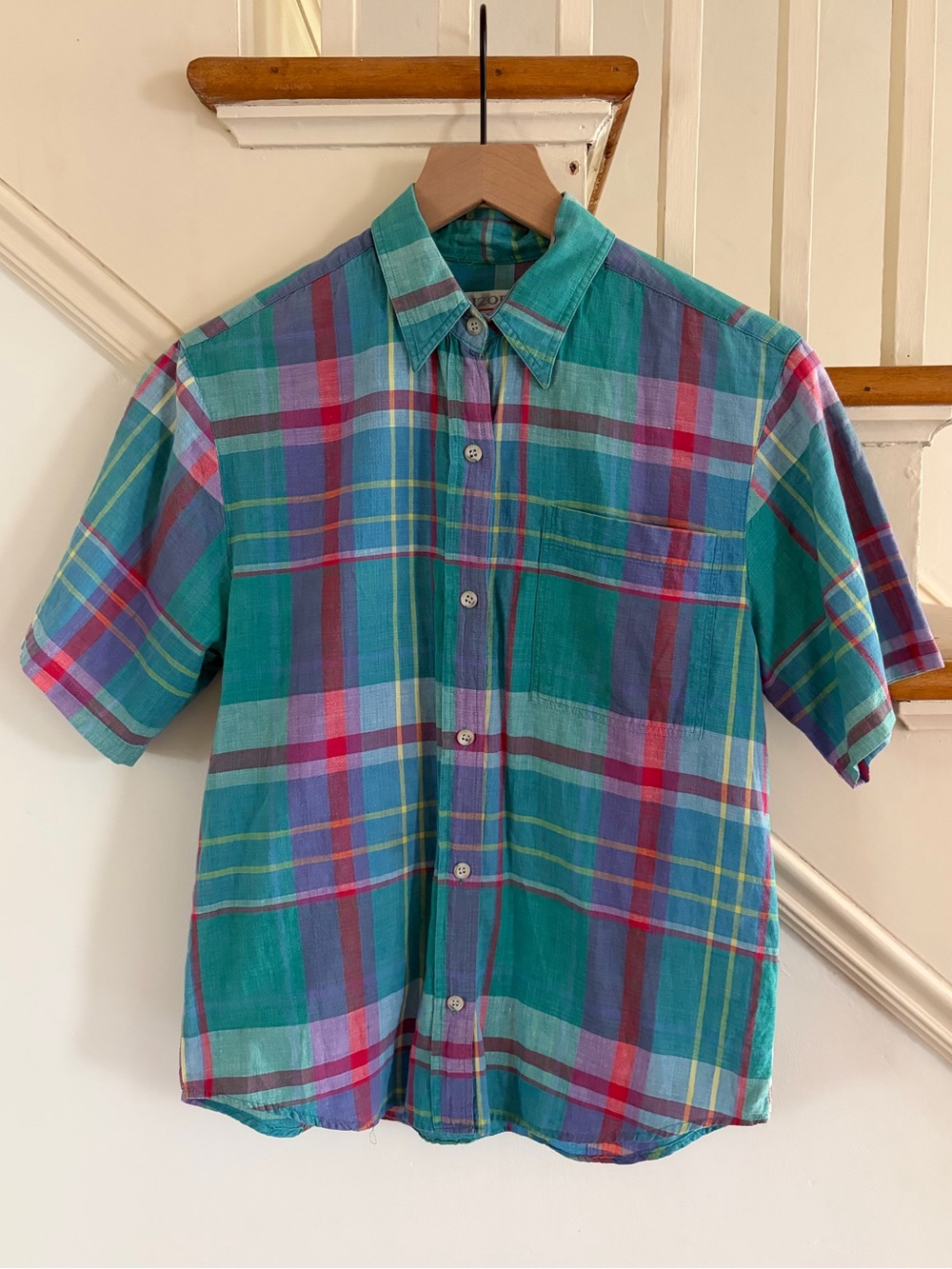 Early 1990s Vintage Izod Madras Plaid Cotton Button Down Short Sleeved Shirt
